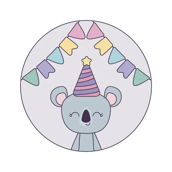 Lindo koala con sombrero de fiesta en marco circular — Vector de stock
