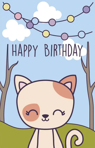 Feliz cumpleaños tarjeta con lindo gato en paisaje — Vector de stock