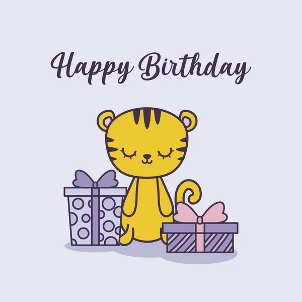 Tarjeta de cumpleaños feliz con tigre y cajas de regalo — Vector de stock