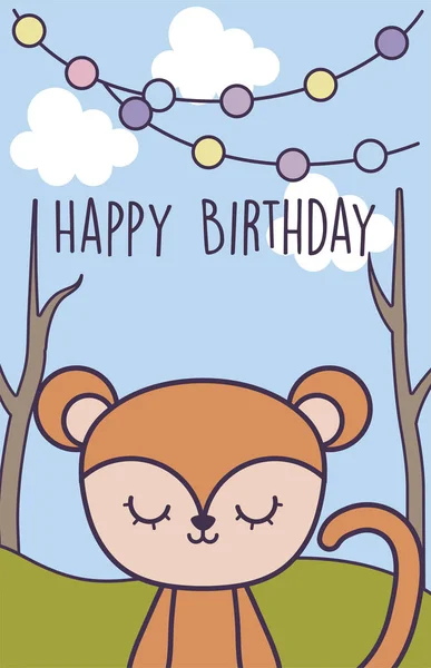 Tarjeta de cumpleaños feliz con mono lindo en el paisaje — Vector de stock