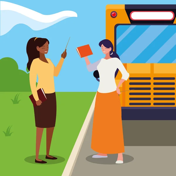 Interracial kvinnliga lärare i Stop Bus-tecken — Stock vektor