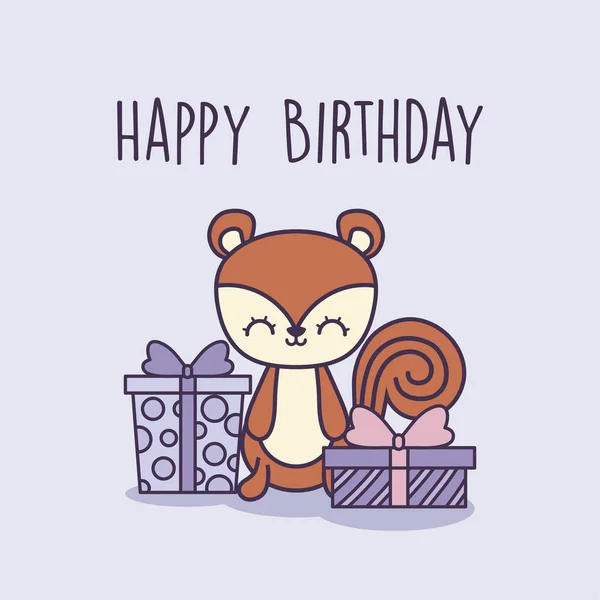 Boldog születésnapot kártya-val mókus és ajándék dobozok — Stock Vector