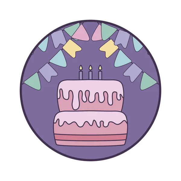 Taart van verjaardag in frame circulaire met slingers opknoping — Stockvector