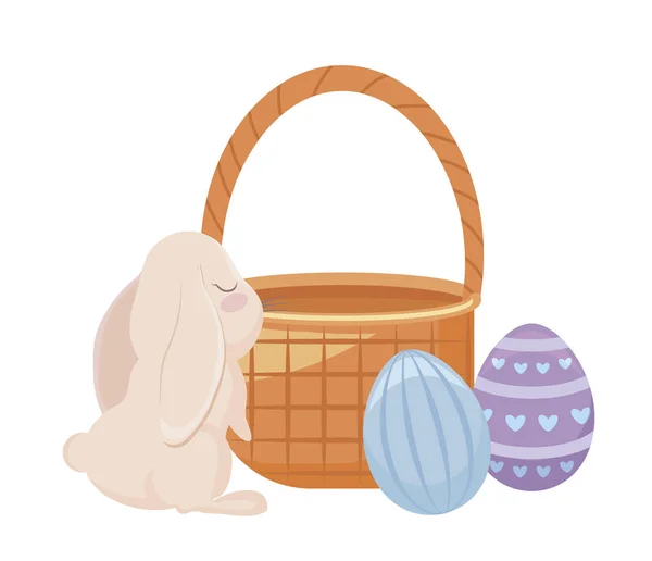 可爱的兔子与篮子柳条和复活节的鸡蛋 — 图库矢量图片