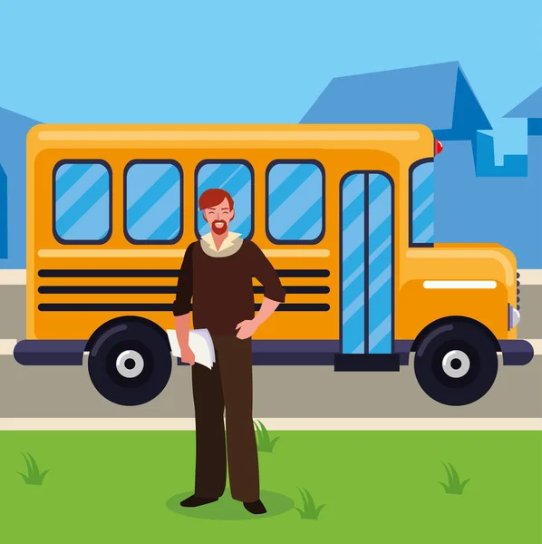 Lärare hane med dokument i Stop Bus — Stock vektor