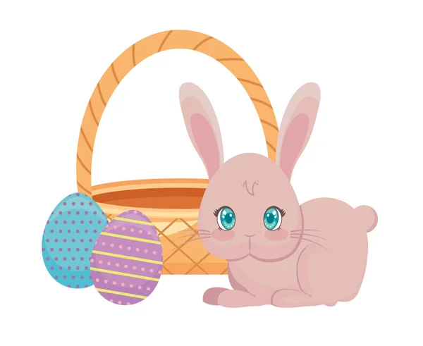 Милый кролик с корзиной плетеной и яйца Пасхи — стоковый вектор