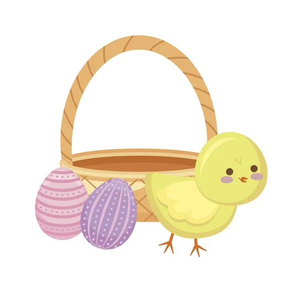 Poulet mignon avec panier en osier et oeufs de Pâques — Image vectorielle
