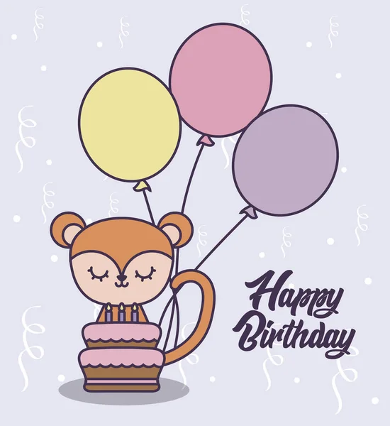Glückwunschkarte zum Geburtstag mit süßem Affen und Luftballons Helium — Stockvektor