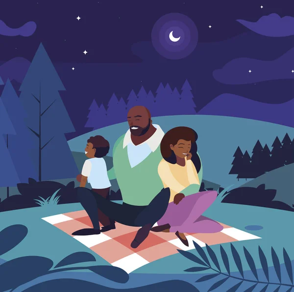 Svarta föräldrar par med sonen i landskapet picknick dag — Stock vektor