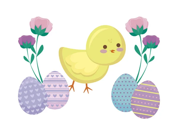 Милая курица с яйцами Пасхи и цветов — стоковый вектор
