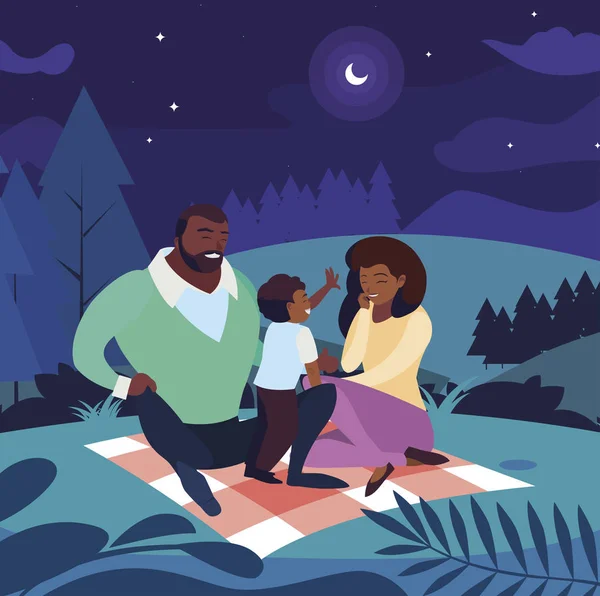 Manzara piknik gününde oğlu ile siyah anne çift — Stok Vektör