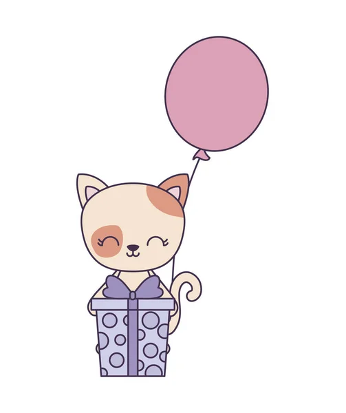 Roztomilé kočičí zvíře s dárkovým krabem a balónkem helium — Stockový vektor