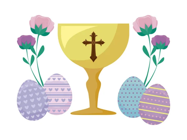 Chalice with eggs of easter and flowers — Stock Vector