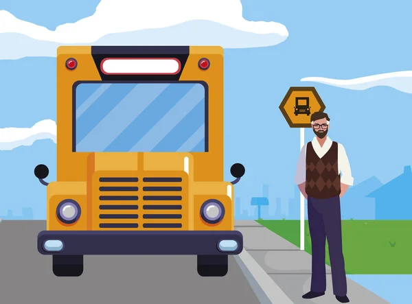 Lärare hane med dokument i Stop Bus — Stock vektor