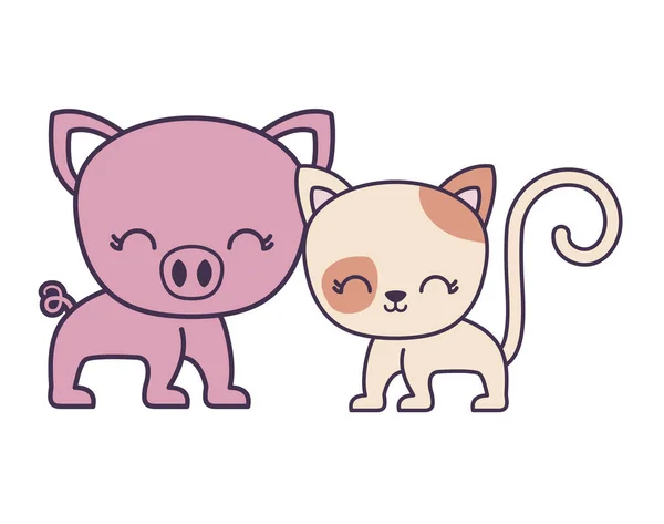 可爱的猫与小猪动物孤立的图标 — 图库矢量图片