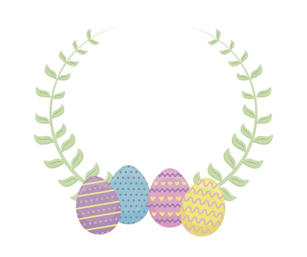 Huevos decorados de Pascua con corona de hojas — Vector de stock