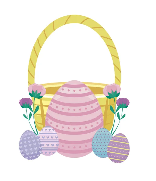 Oeuf de Pâques avec panier en osier et fleurs — Image vectorielle