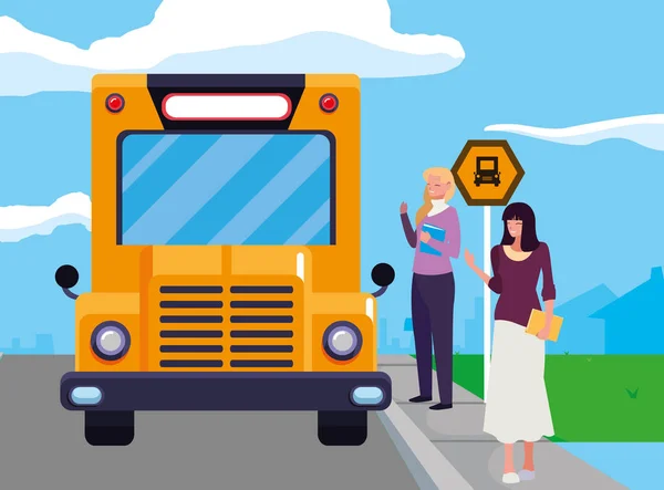 Kvinnliga lärare par i Stop buss tecken — Stock vektor
