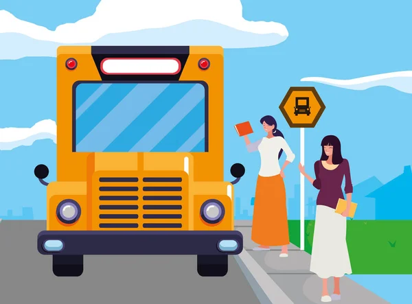 Kvinnliga lärare par i Stop buss tecken — Stock vektor