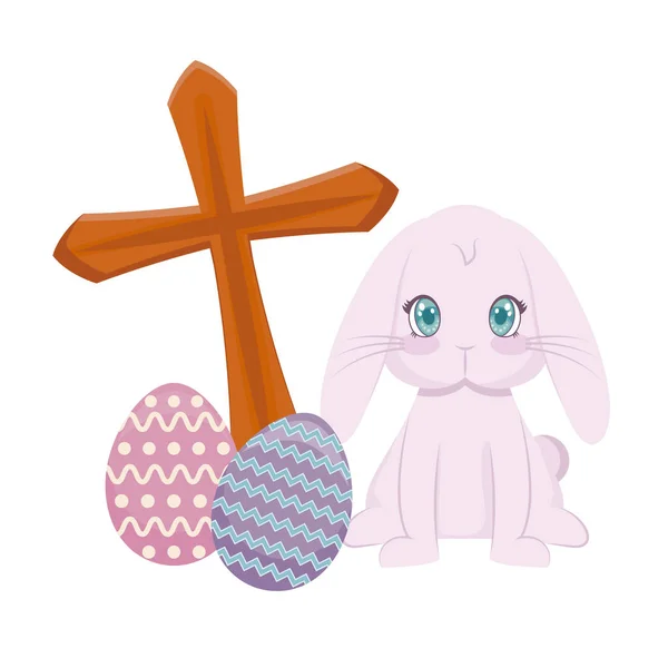 cute rabbit with catholic cross and eggs of easter