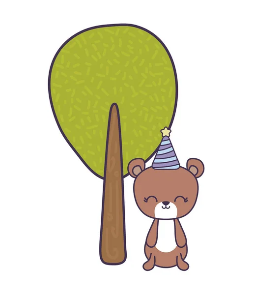 Urs drăguț cu petrecere pălărie și plante de copac — Vector de stoc