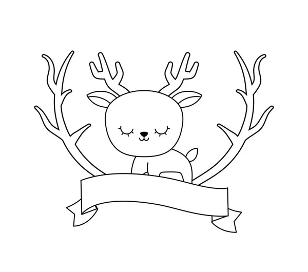 Cute reindeer animal with ribbon and branches — Stock Vector