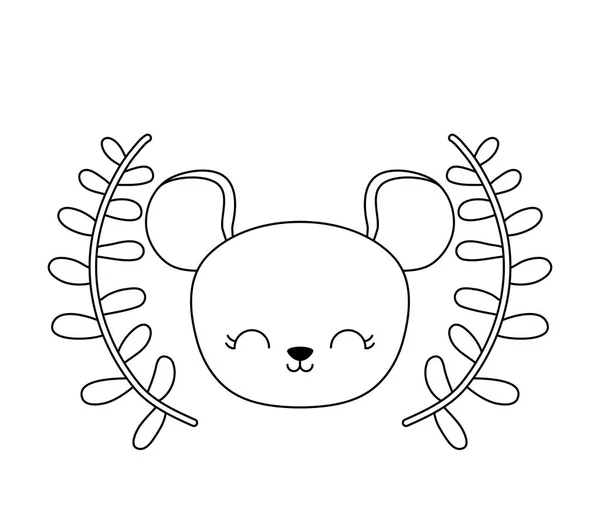 Tête d'animal de souris mignon avec des feuilles de couronne — Image vectorielle