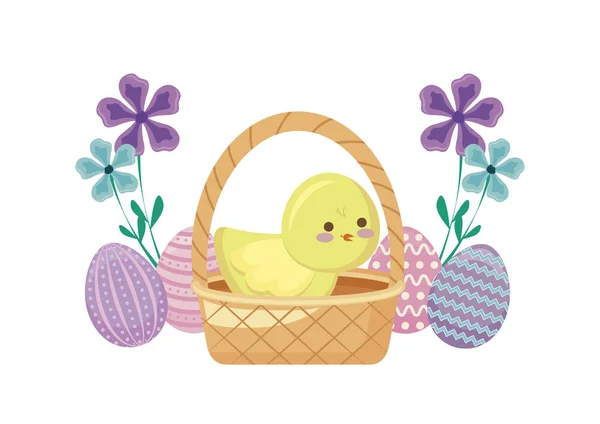 Cute chicken in basket wicker with eggs of easter and flowers — Stock Vector