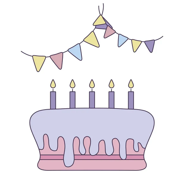Słodki tort urodzinowy z garlandami wiszącymi — Wektor stockowy