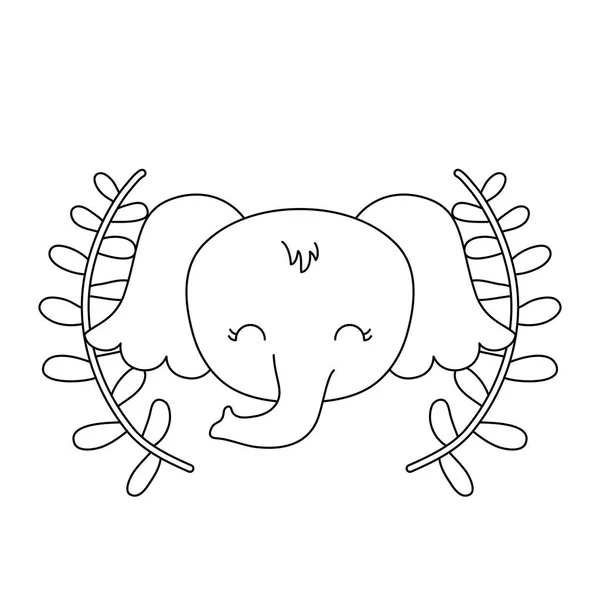 Cabeza de elefante lindo con hojas de corona — Vector de stock