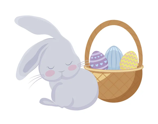 Simpatico coniglio con cesto di vimini e uova di Pasqua — Vettoriale Stock