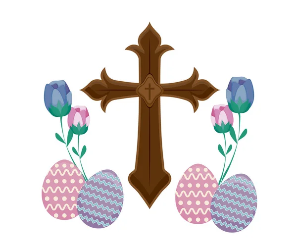 Drewniany krzyż katolicki z jajami wielkanocnymi i kwiatami — Wektor stockowy