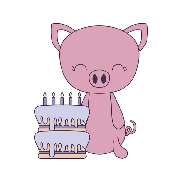Niedliches Schweinchen mit Geburtstagstorte — Stockvektor