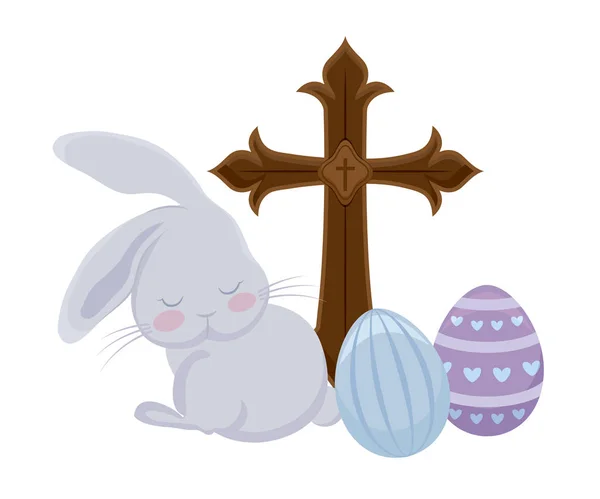 Lapin mignon avec des œufs de Pâques et croix catholique — Image vectorielle