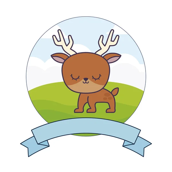 Cute reindeer in landscape with frame and ribbon — Stock Vector