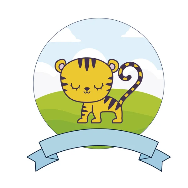 Drăguț tigru în peisaj cu cadru și panglică — Vector de stoc