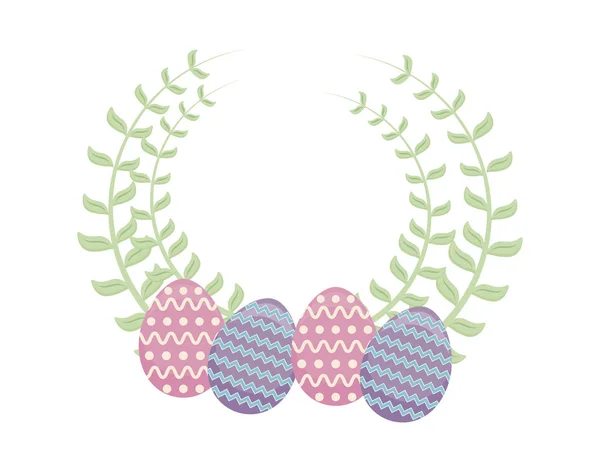 Oeufs décorés de Pâques avec couronne de feuilles — Image vectorielle