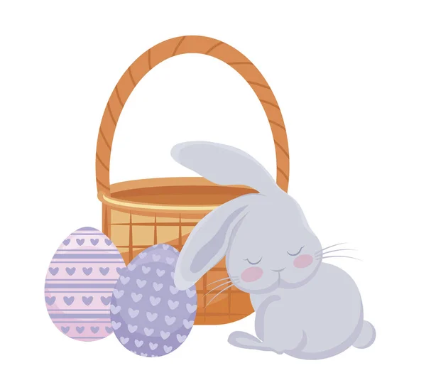 Simpatico coniglio con cesto di vimini e uova di Pasqua — Vettoriale Stock