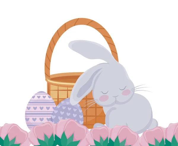 Lapin mignon avec panier en osier et oeufs de Pâques — Image vectorielle