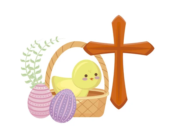 Cute chicken with basket wicker with eggs easter — Stock Vector