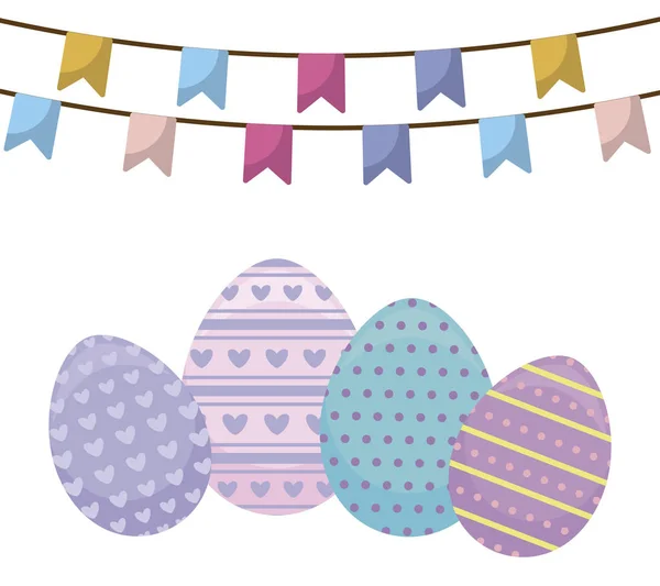 Oeufs décorés de Pâques avec guirlandes suspendues — Image vectorielle