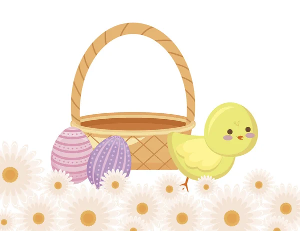 Cute chicken with basket wicker with eggs easter — Stock Vector