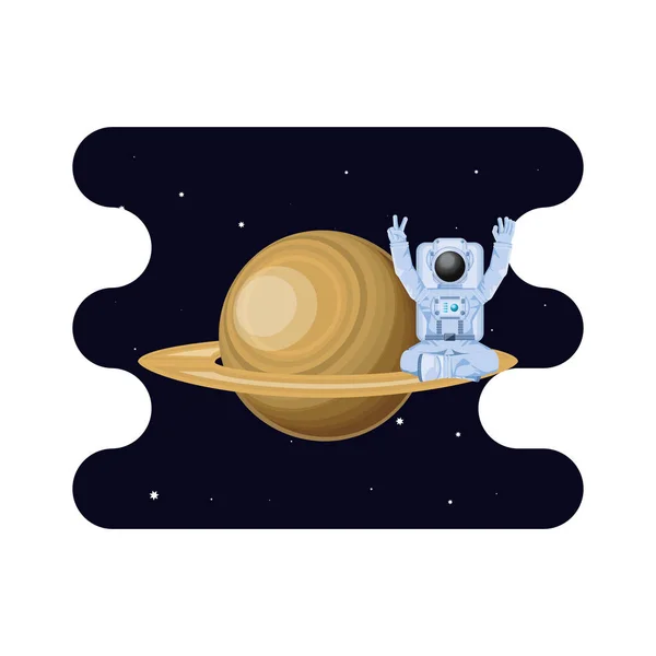 宇宙飛行士のシーン空間を持つ土星惑星 — ストックベクタ