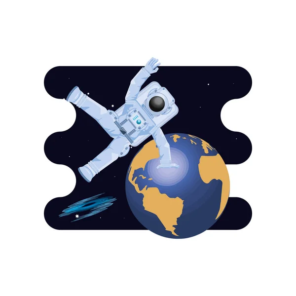 宇宙飛行士のシーン空間を持つ地球惑星 — ストックベクタ