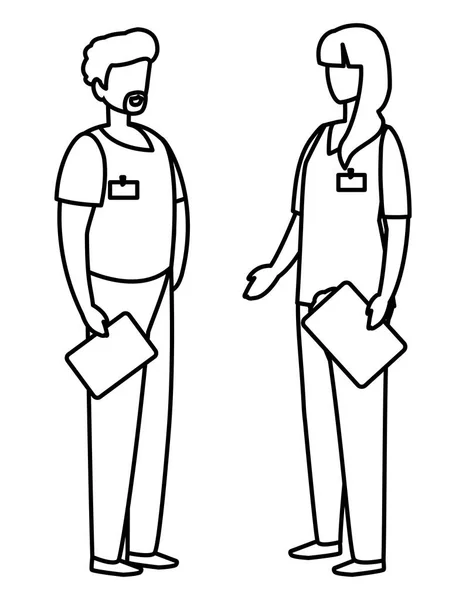 Trabalhadores de medicina de casal com caracteres uniformes —  Vetores de Stock
