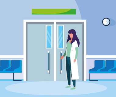 ameliyathane girişinde kadın ilaç işçisi