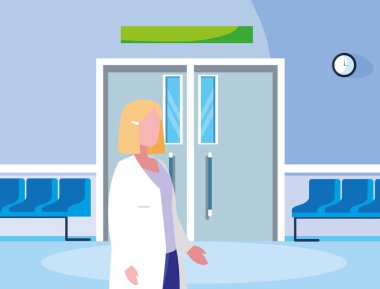 ameliyathane girişinde kadın ilaç işçisi