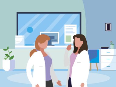 klinik resepsiyon sahnesinde kadın tıp çalışanları