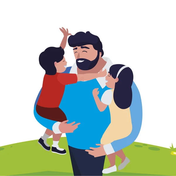 Padre con hijo e hija personajes en el campo — Vector de stock