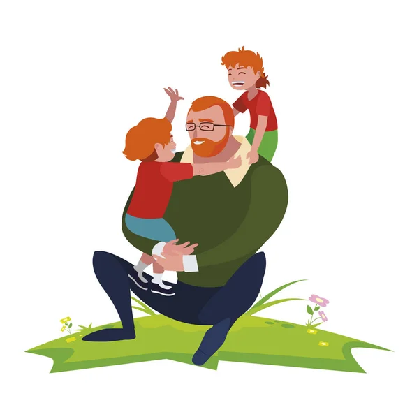 Padre con hijos personajes en el campo — Vector de stock